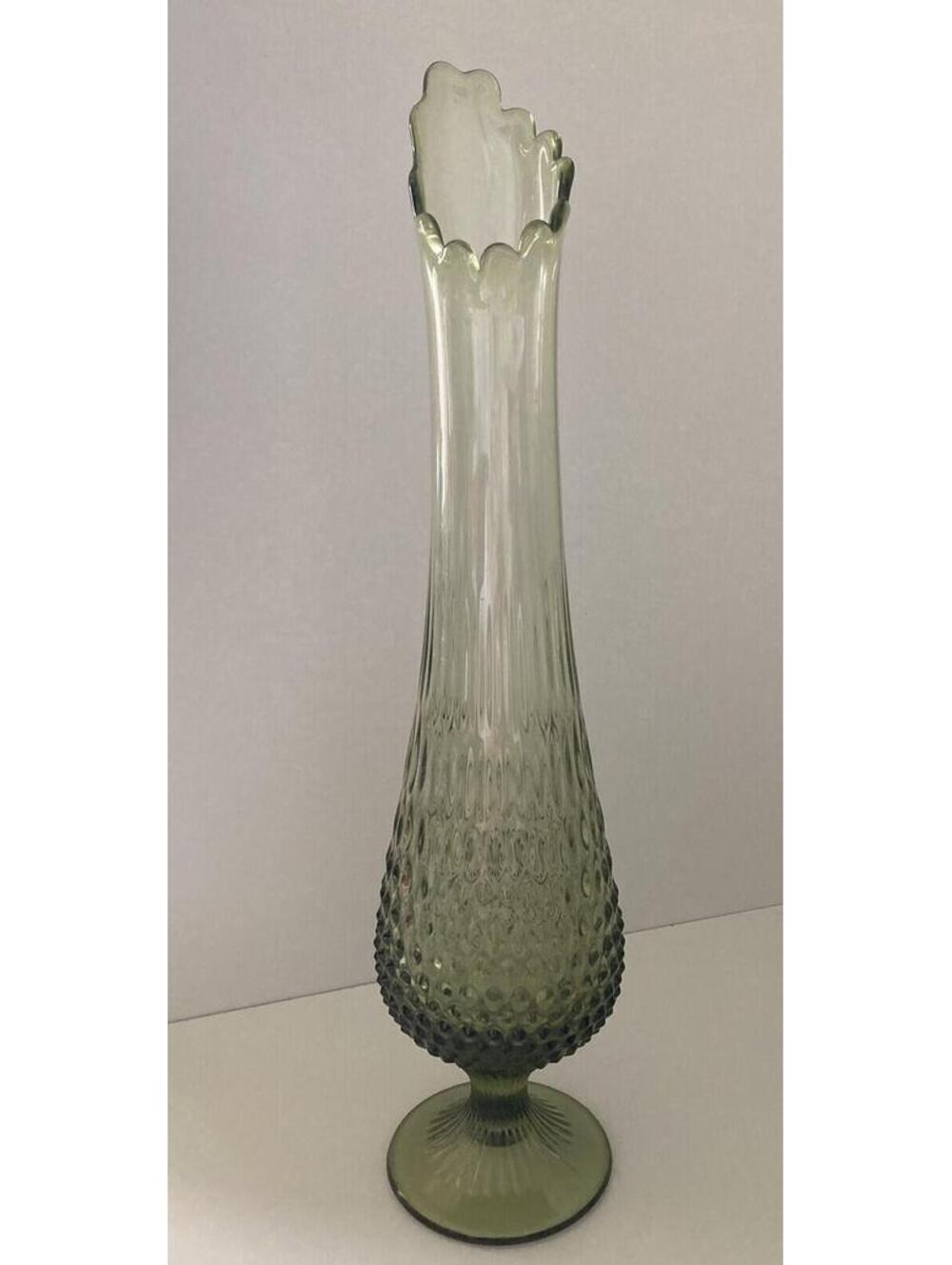 Collectors Fenton Swung Fern Green Glass Hobnail Vase Mid Century (H 19")